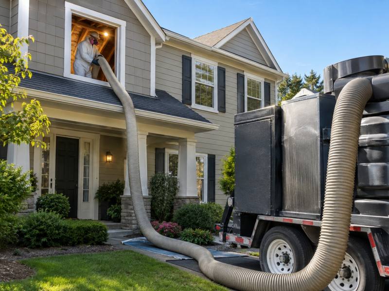 Insulation blowing truck parked by a two-story house with a large hose running up to an open upstairs window