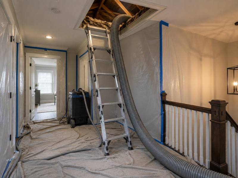 Upstairs hallway covered in drop cloths and plastic sheeting with a ladder and hose leading up to the attic hatch