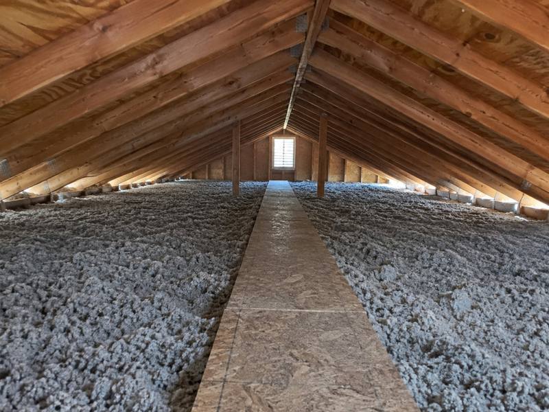 Wide attic with grey blown-in cellulose on both sides of a plank walkway under the roof rafters