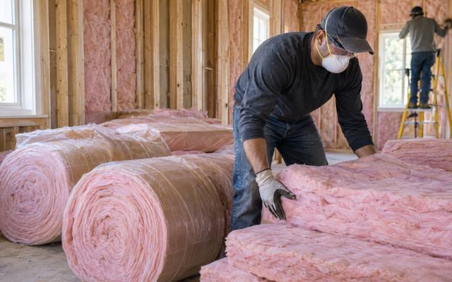 Installer in a face mask handling rolls of pink insulation inside a framed room