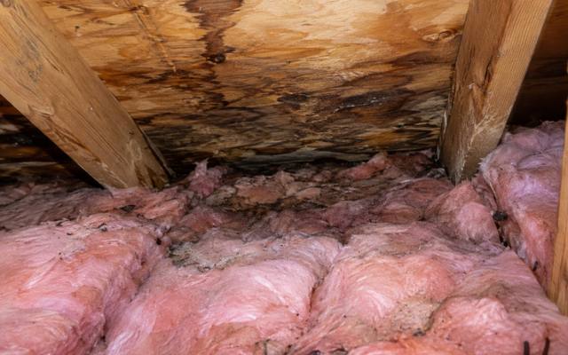 Water-stained roof boards above wet, sagging pink batts in an attic