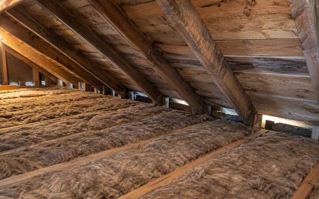 Brown batts laid between joists under an old board roof